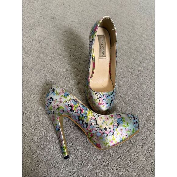 Floral Metallic Platform Pumps – Silver Brocade Print – Size 38 (US 7.5–8) - Picture 1 of 6